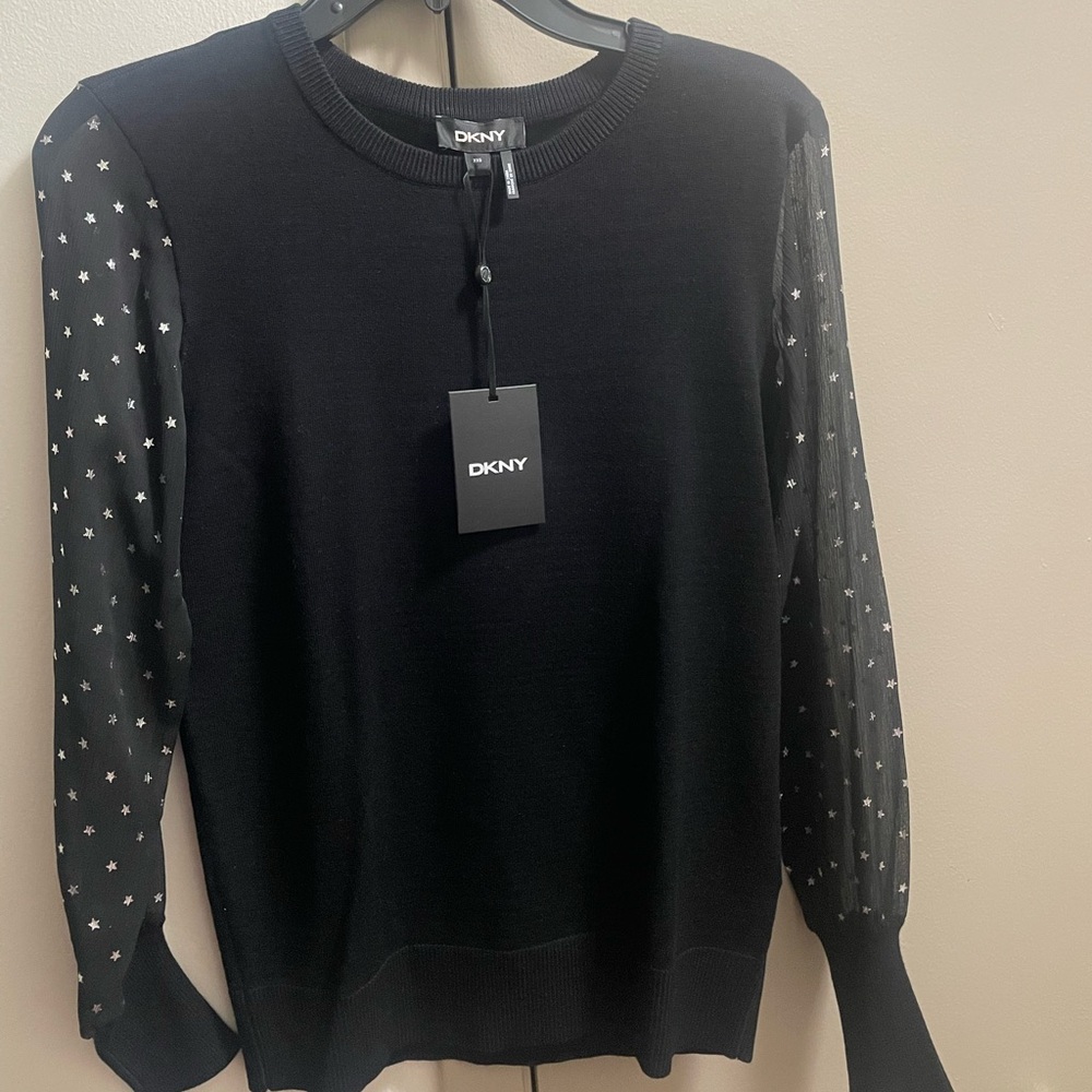 NWT DKNY Sheer-Sleeved Mixed Media Sweater